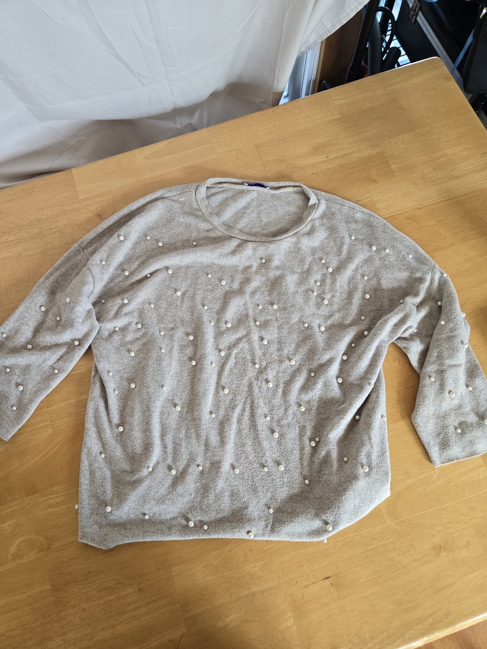 Zara Pearl-Trim Crewneck Sweater - Light Gray